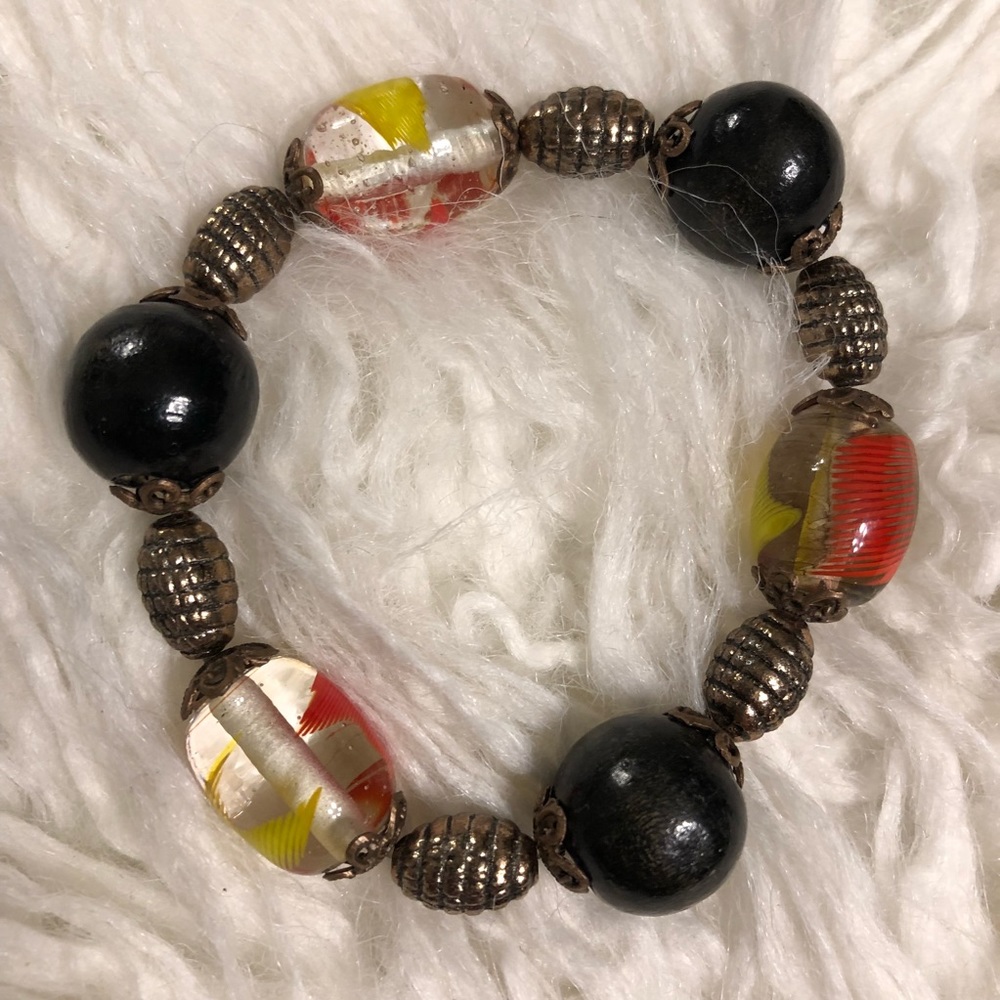 Stretch(M)artisan Bracelet & Earrings set w/ Wood/Copper/Glass beads (C3C)!
